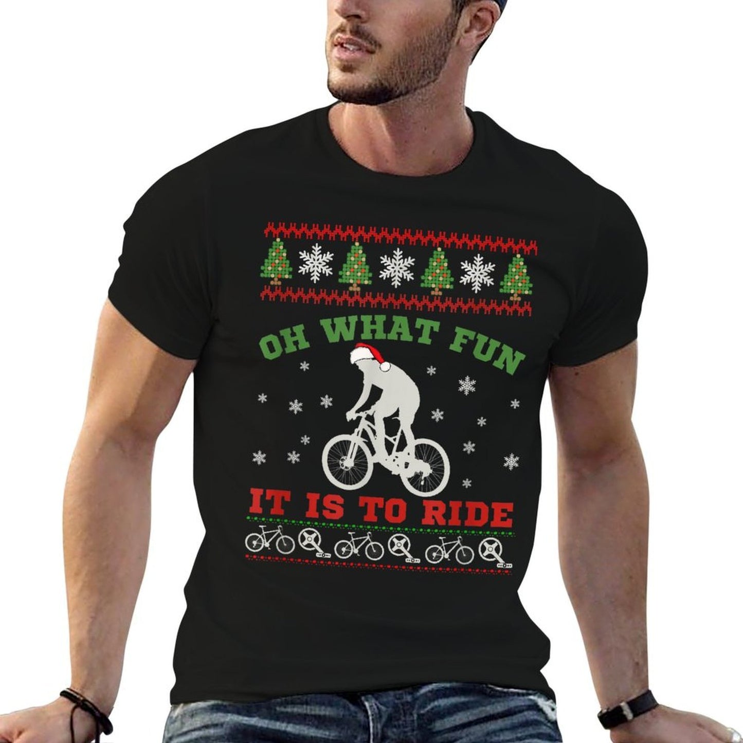 Mountain Bike Rider, Oh What Fun Christmas Ugly Sweater Gift  Ribbed Collar T-Shirt