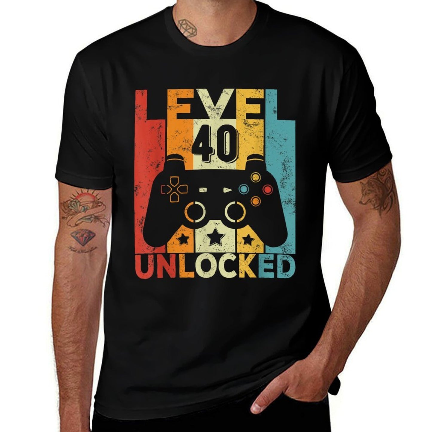 Level 40 Unlocked Gaming Controller 40th Birthday Men Women  Rolled Sleeves T-Shirt