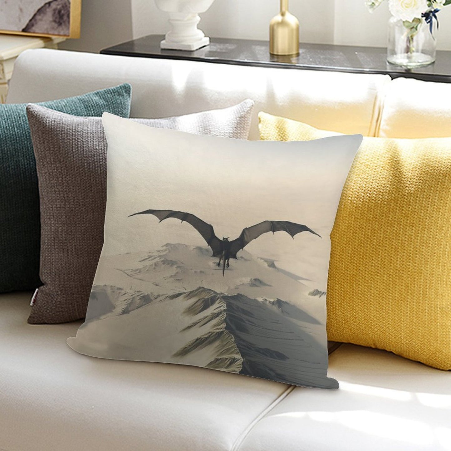 Grey Dragon Flight Over Snowy Mountains Soft Multiple Sizes Throw Pillow
