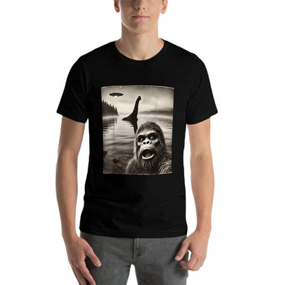 Bigfoot Selfie With Loch Ness Monster And UFO Aliens Graphic  Affordable Price T-Shirt
