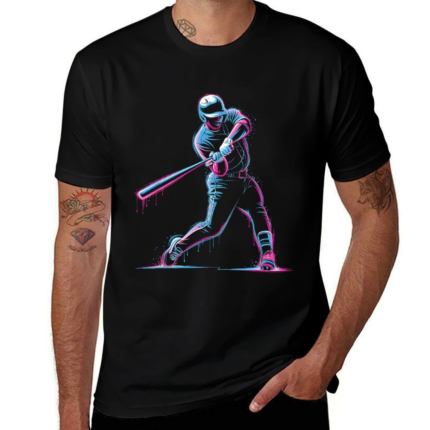 Neon Baseball Player Swinging Drip Art Design  Affordable Price T-Shirt