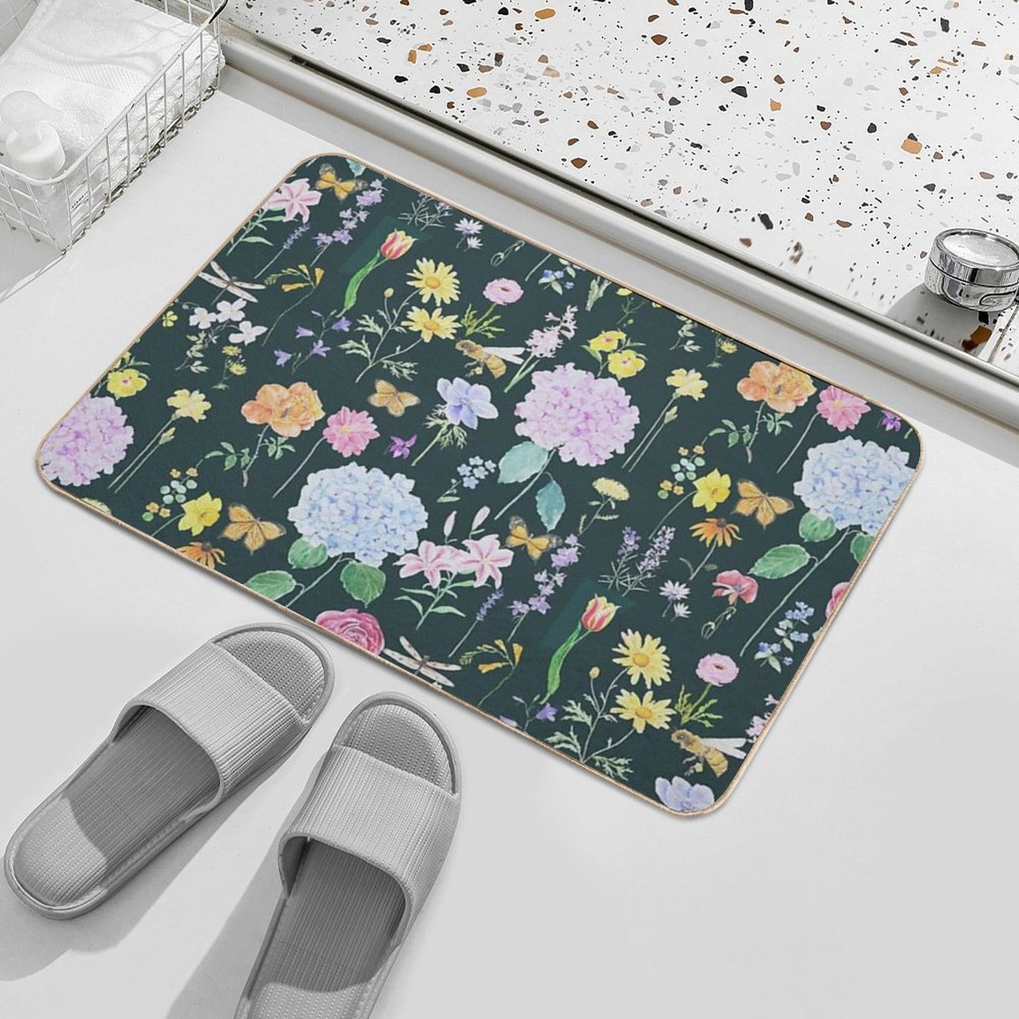 Summer Garden Flowers  Oil Painting Effect Green Background  Versatile Bath Mat