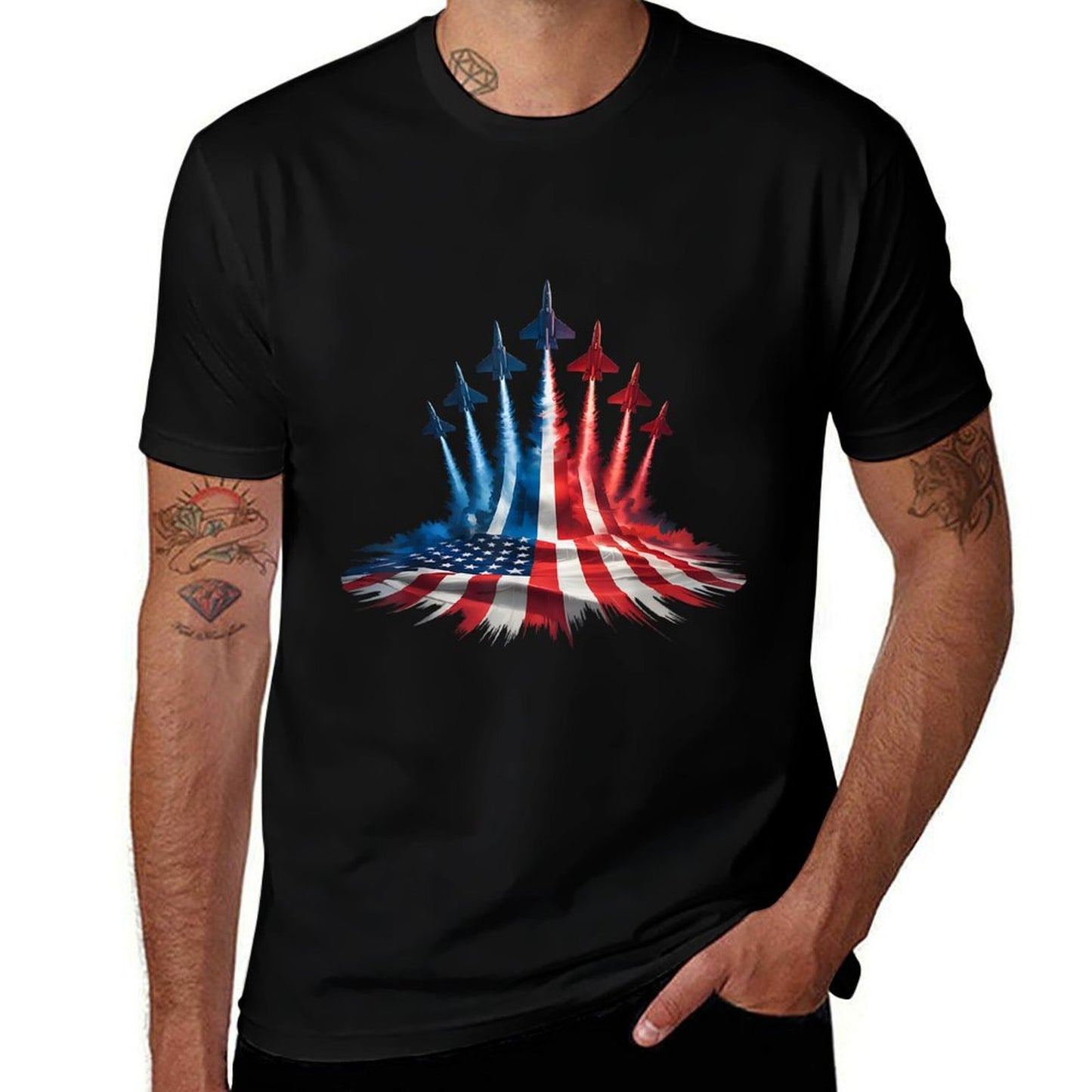 American Jet Flyover 4th of July Memorial Day USA Pride  Fade-proof Color T-Shirt