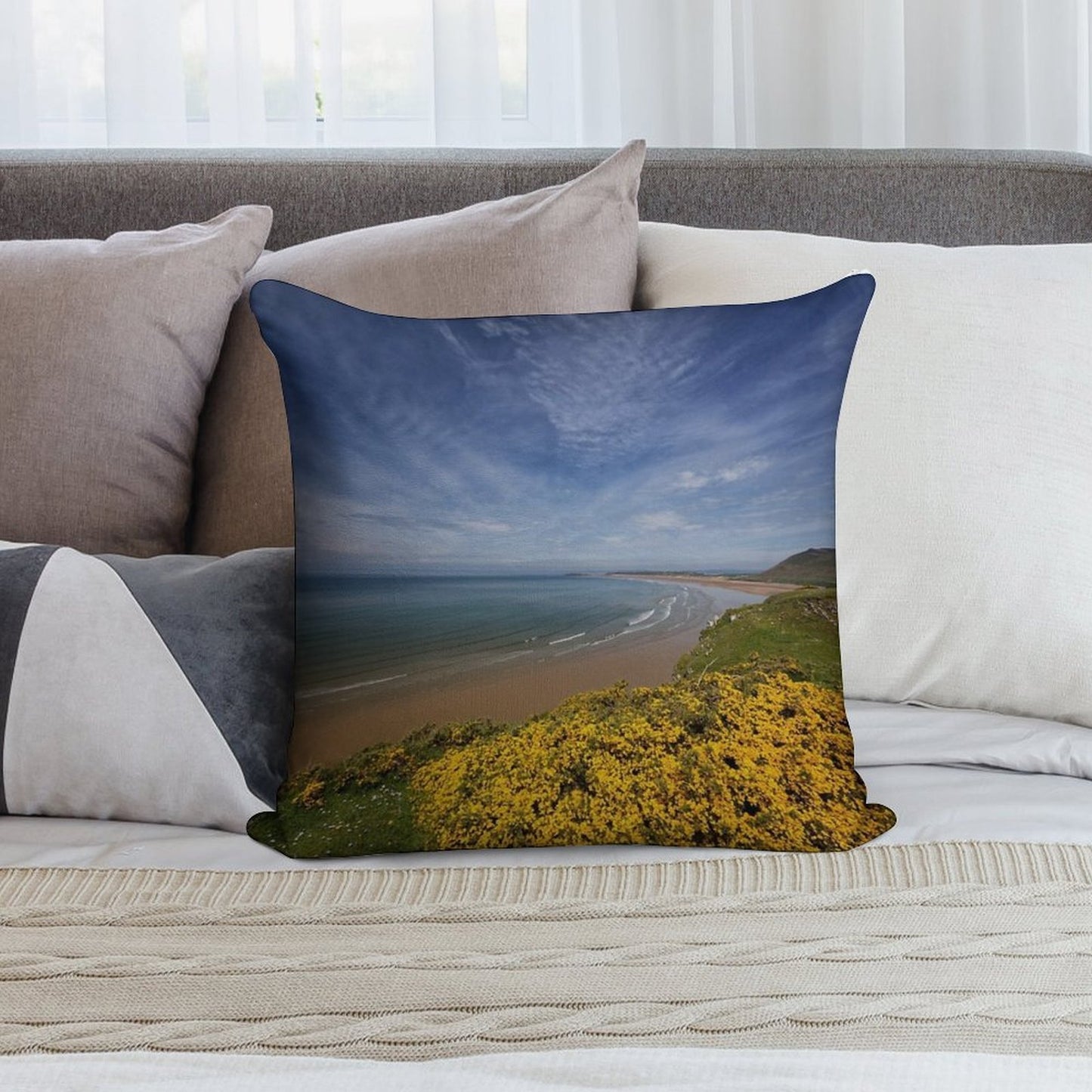 Rhossili Bay in The Gower Peninsular Wales UK Soft High-Density Material Throw Pillow
