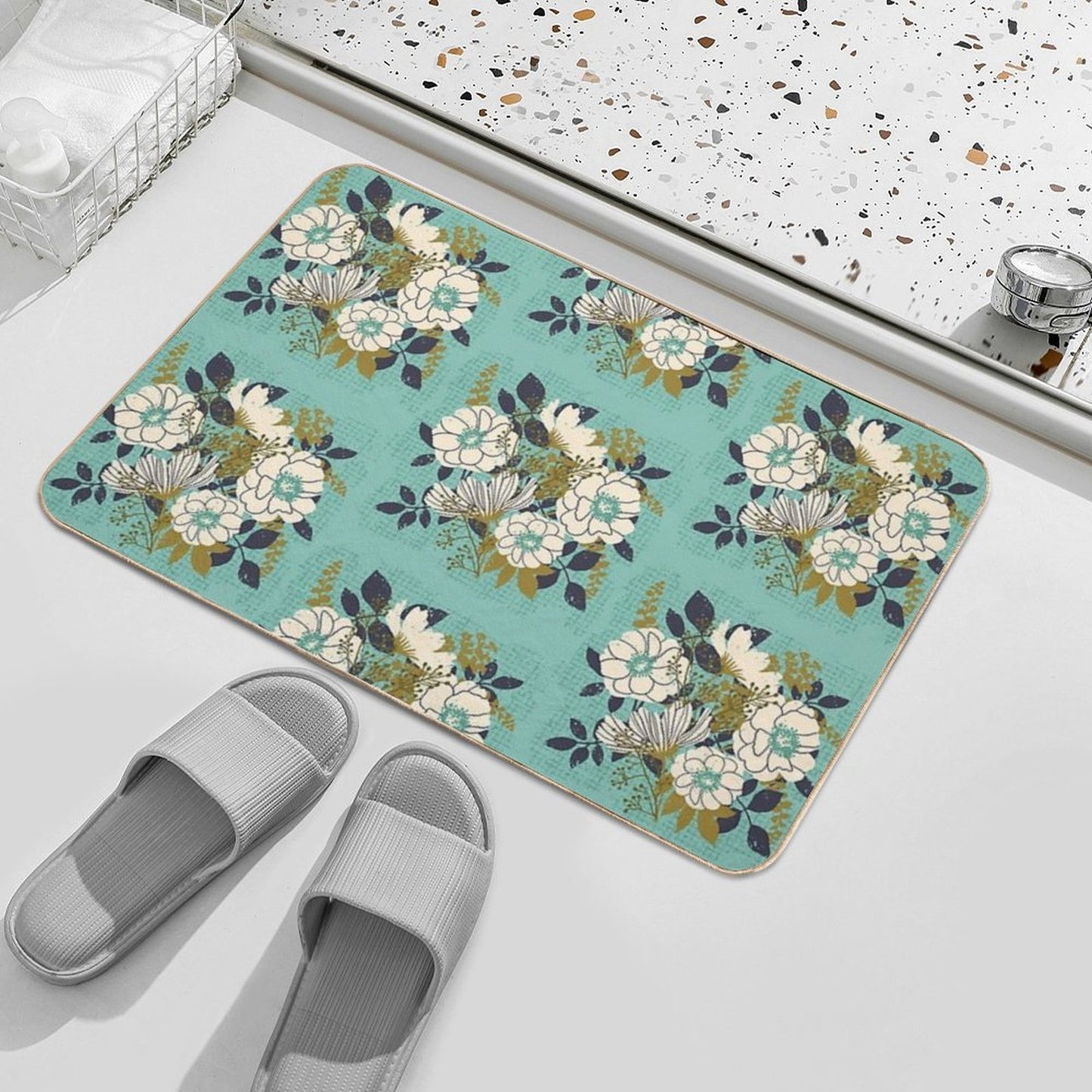 Floral Bouquet ~ on Turquoise  Rapid-Drying Bath Mat