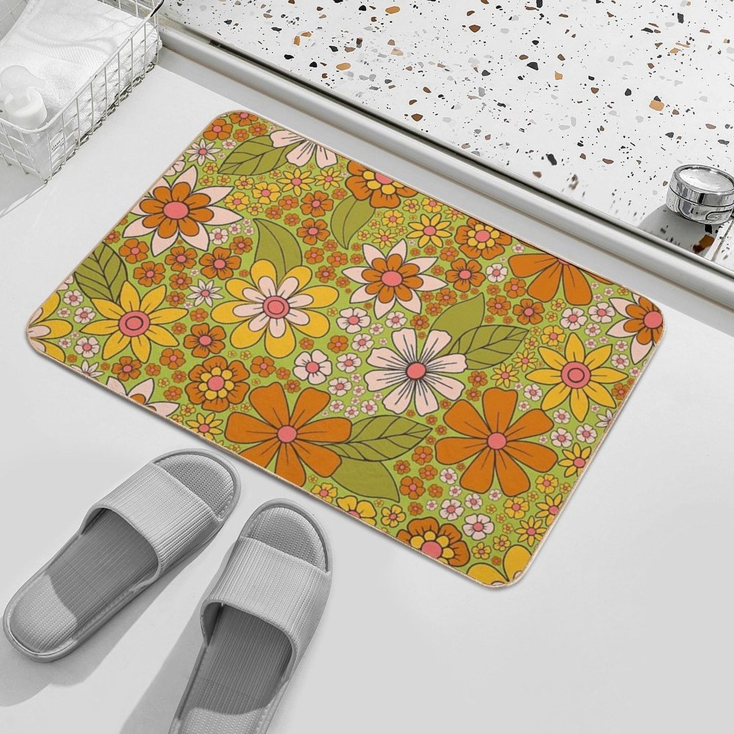 1960s, 1970s Retro Floral in Green, Pink & Orange - Flower Power  High-Traffic Bath Mat