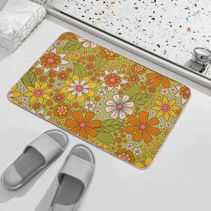 1960s, 1970s Retro Floral in Green, Pink & Orange - Flower Power  High-Traffic Bath Mat