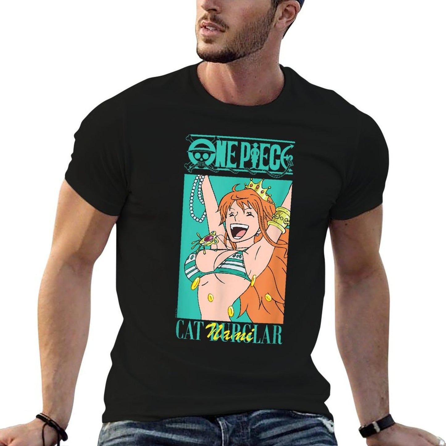 One Piece Anime Cat Burglar Nami Teal Logo  Oversized Silhouette T-Shirt