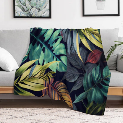 Camryn - Watercolor Leaf Leafs Abstract Painting Pattern in Green, Black, Brown, White Yellow, Blue, Cream, Light Easy Care Throw Blanket