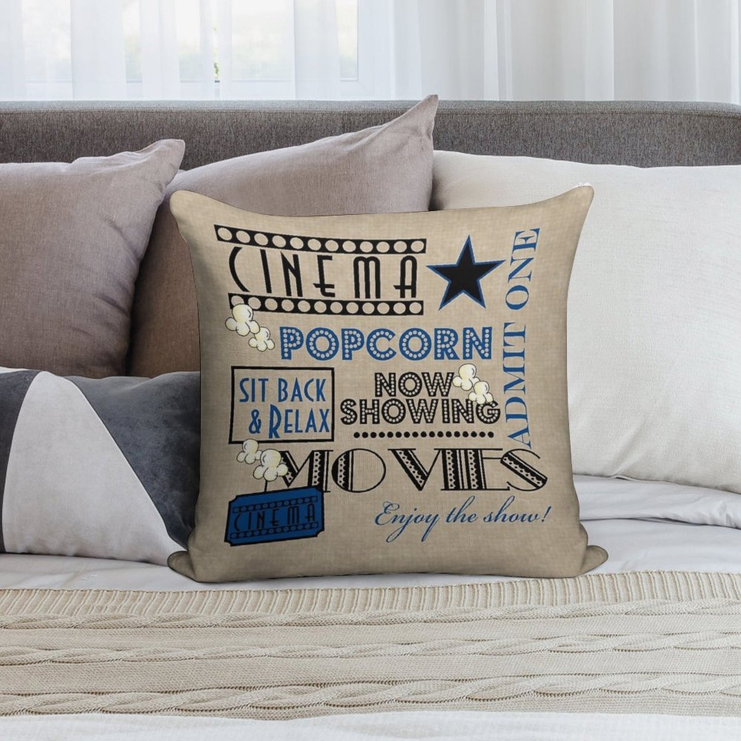 Movie Theater Cinema Admit One Ticket Pillow-Blue Soft Skin-Friendly Throw Pillow