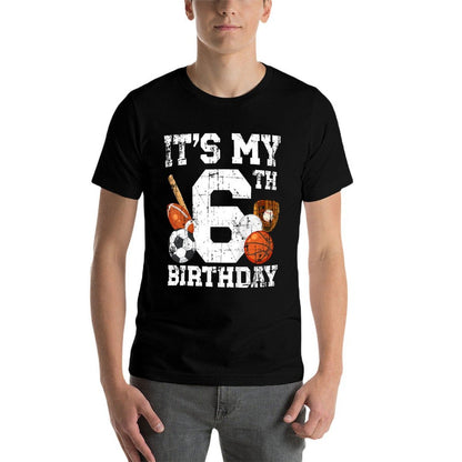 6 Year Old Sports Birthday Theme Sixth Bday Kids 2T Black Sports Birthday  Ribbed Collar T-Shirt