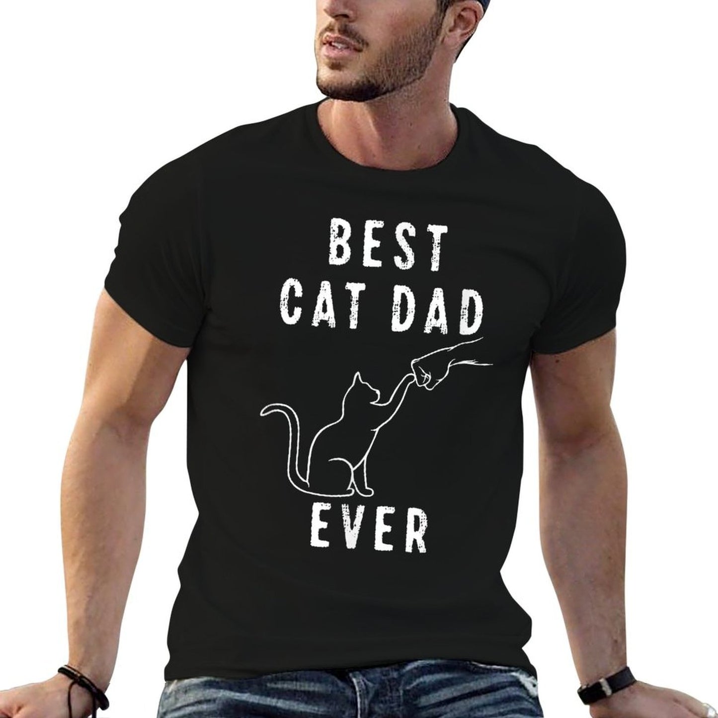 Best Cat Dad Ever Cat Daddy Paw Fist Bump Meow  Ribbed Collar T-Shirt