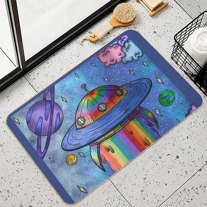 Rainbow UFO in Space  Repositionable Bath Mat