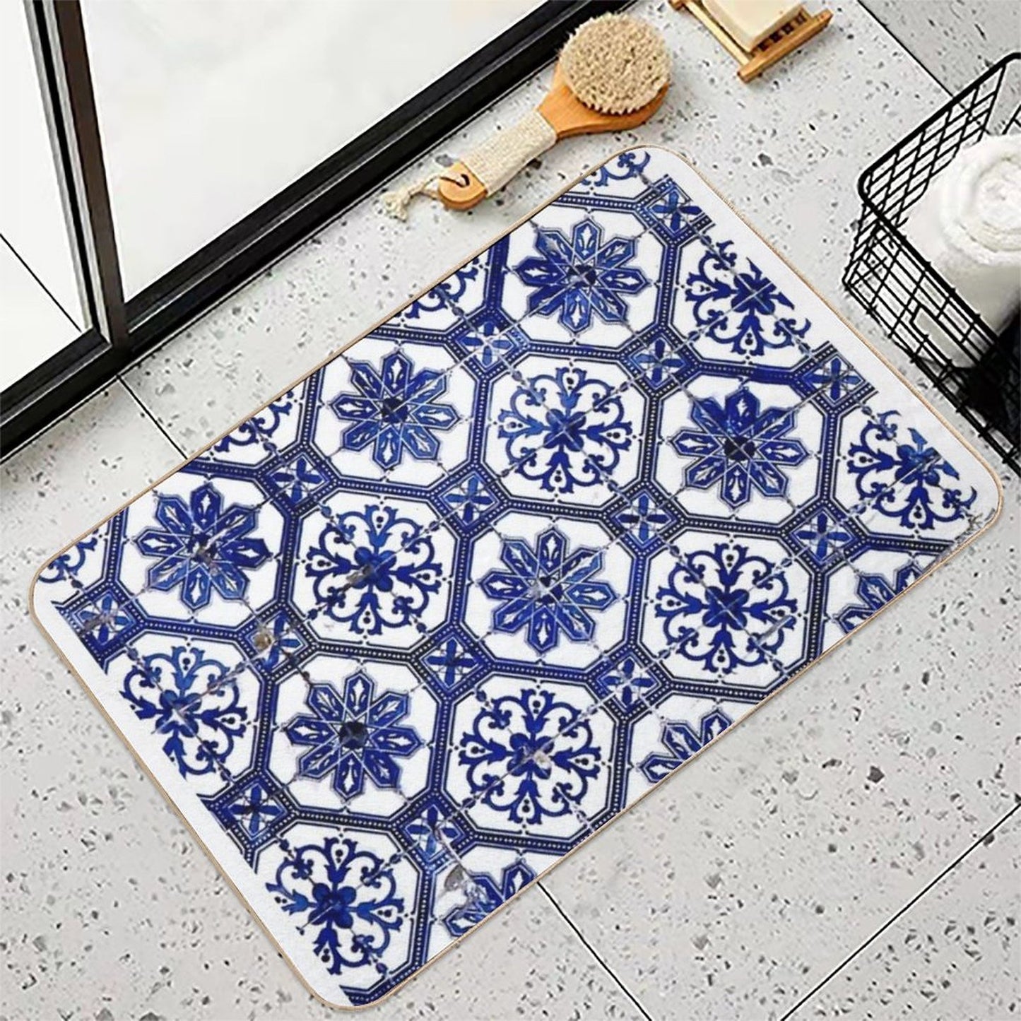 Blue And White Portuguese Tile  Absorbent Bath Mat