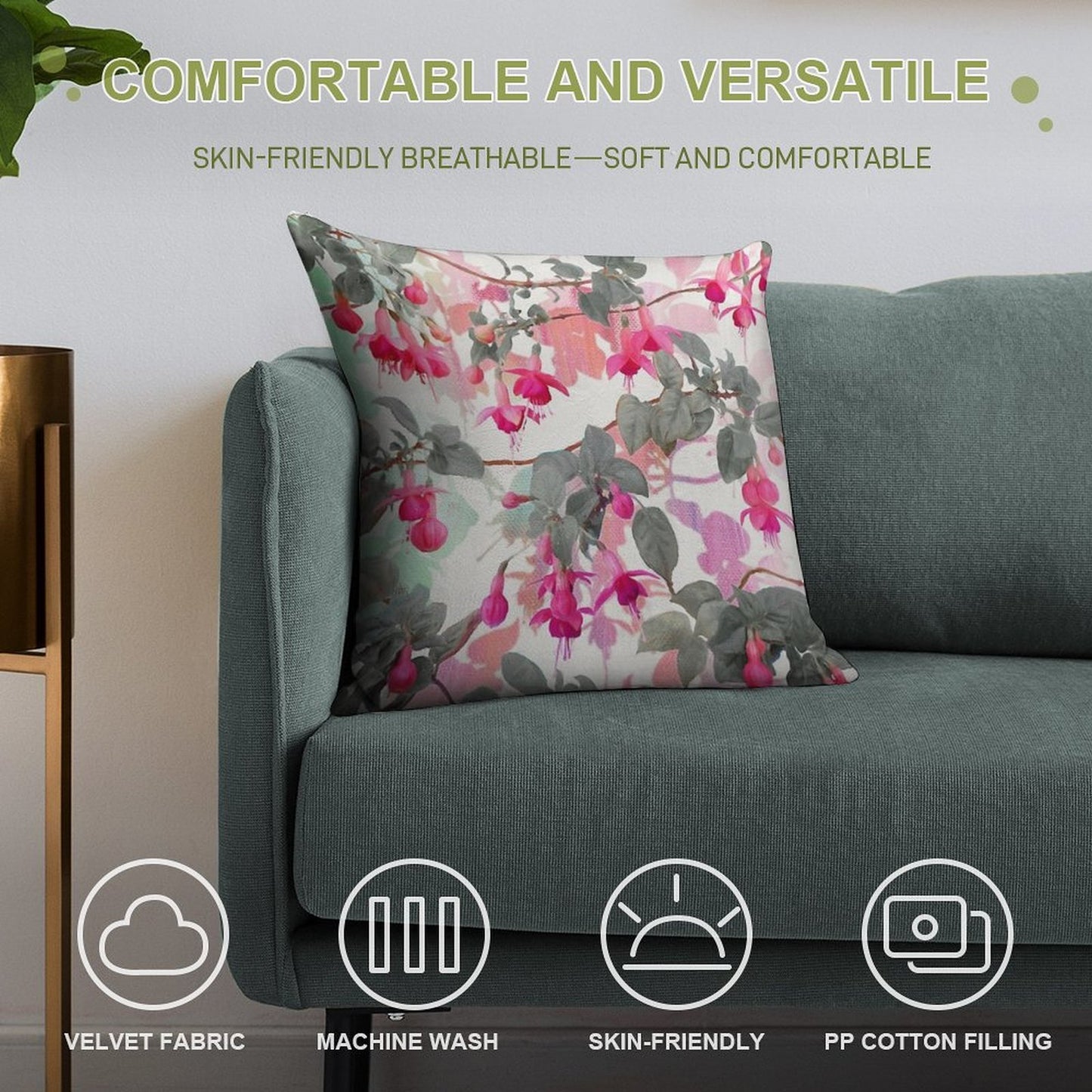 Rainbow Fuchsia Floral Pattern - with Grey Soft Warmth Comfort Throw Pillow