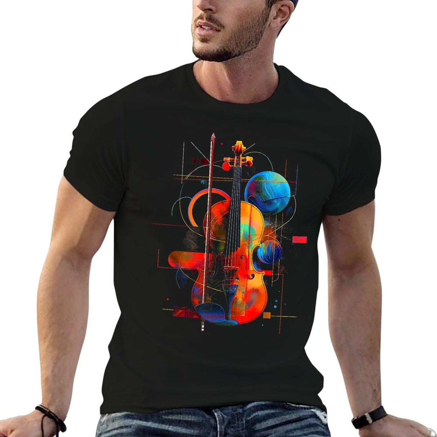 Violin Art Music Geometric Colorful Planets Motif Violin  Breathable T-Shirt