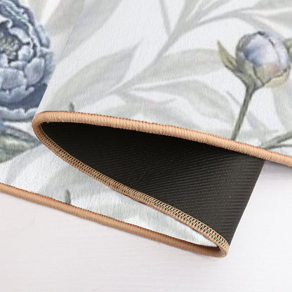 Watercolor Indigo Blue Peonies And Translucent Leaves Pattern with White Background.  Rapid-Drying Bath Mat