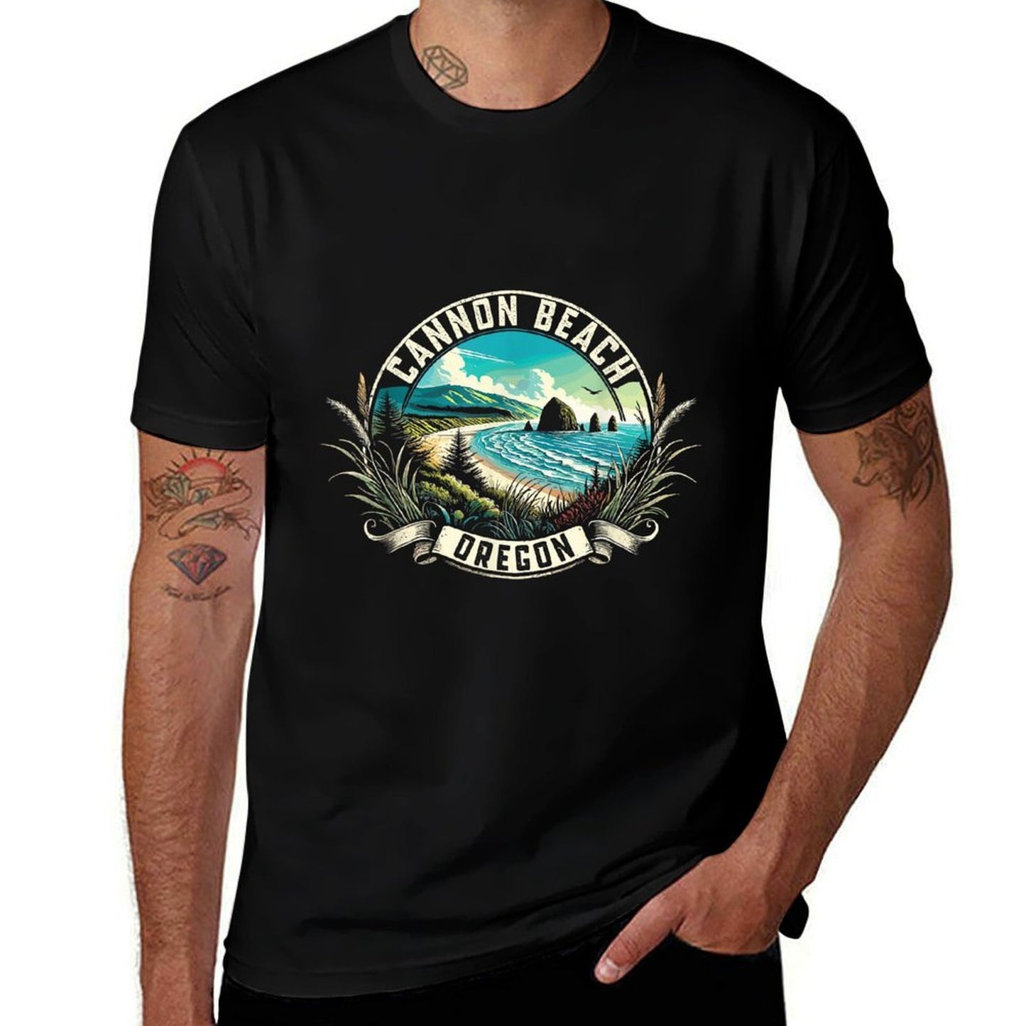 Cannon Beach Watercolor, Cannon Beach Oregon, Cannon Beach  Fade-proof Color T-Shirt