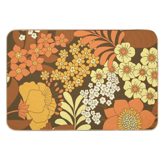 Brown, Yellow, Orange & Ivory Retro Flowers Durable Bath Mat