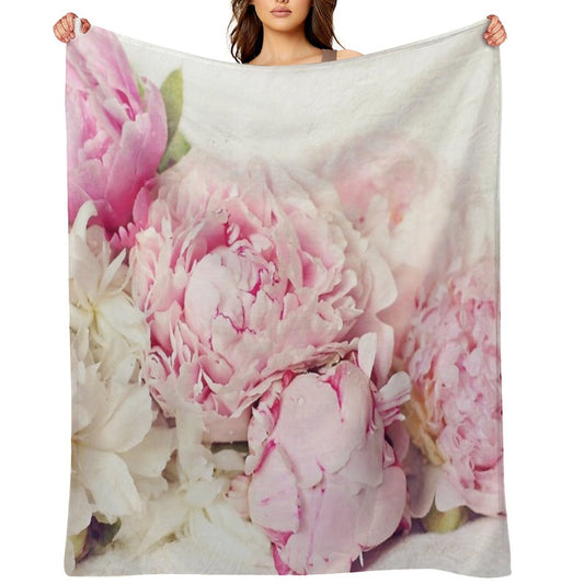 Peonies on White Shrink-resistant Throw Blanket