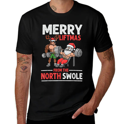 Merry Liftmas from North Swole Muscle Santa Weightlifting  Heathered Texture T-Shirt