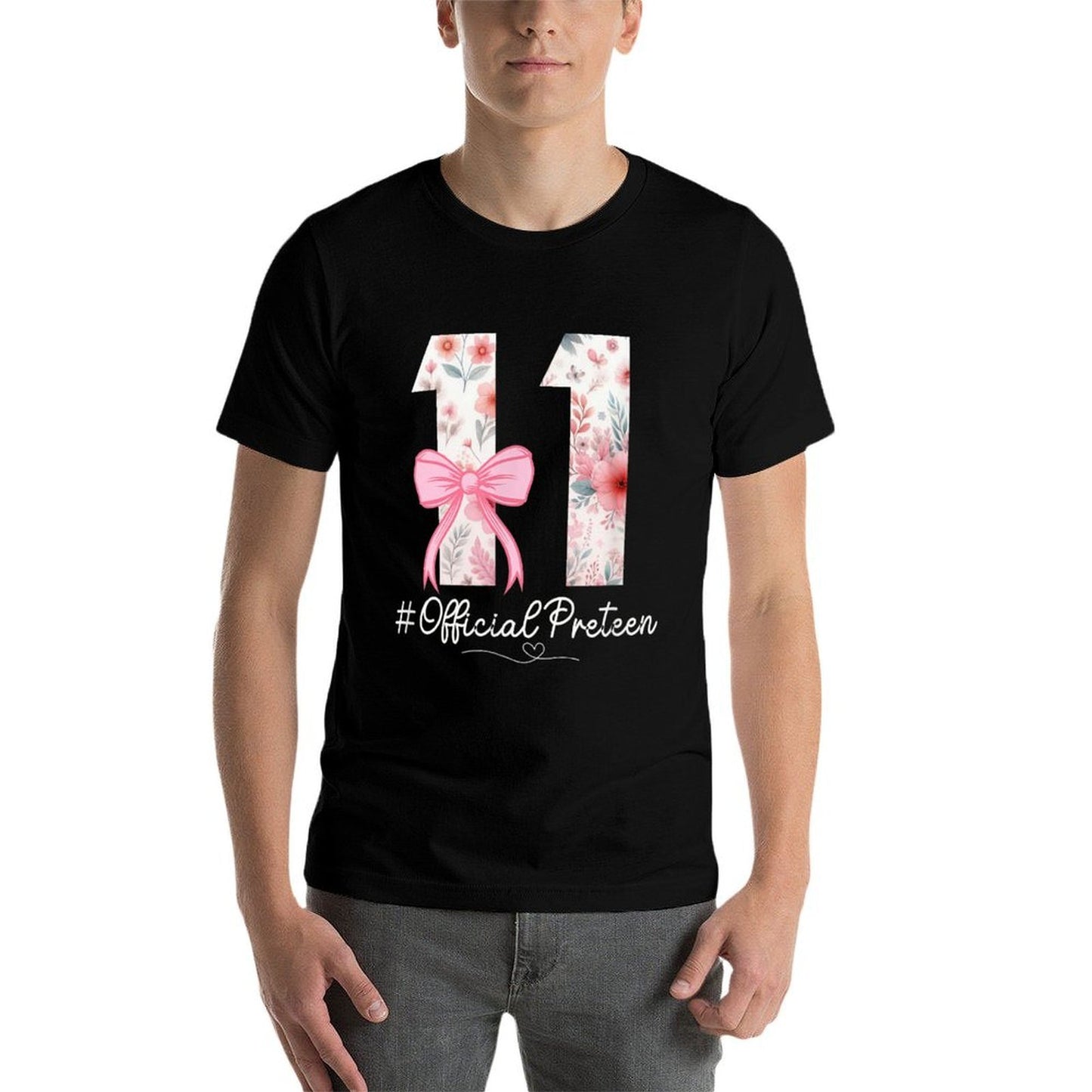 11 Year Old Birthday Girls Coquette Bow 11th Bday Floral  Heathered Texture T-Shirt