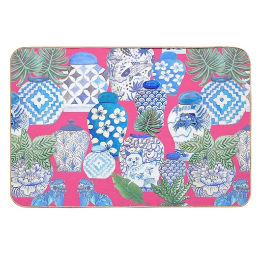 Ginger Jars Or Vintage Vases with Plants And  Fuchsia Pink, Watercolor Chinoiserie  Absorbent Bath Mat