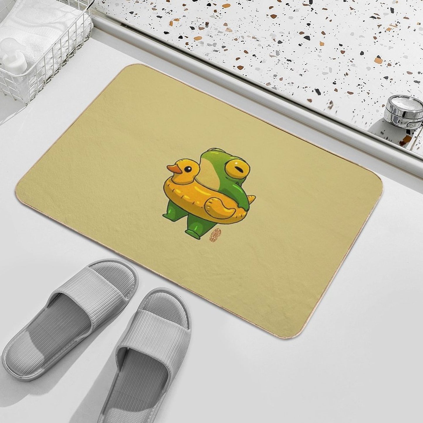 Cute Summer Time Ducky Frog Swimming Pool Floatie Artwork Asian Style  Dirt-Trapping Bath Mat