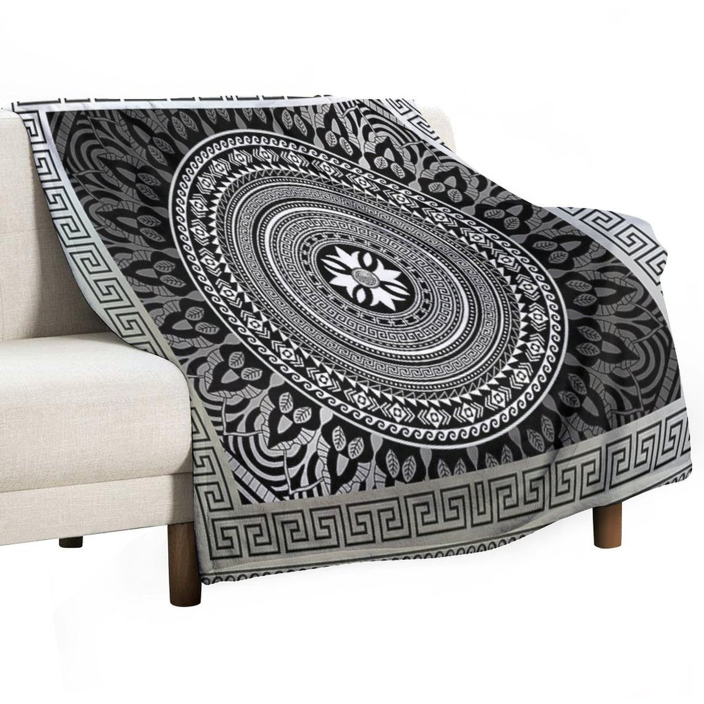 Ornate Baroque Silver Black White Greek Keys Border Gift-ready Throw Blanket