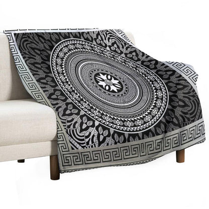 Ornate Baroque Silver Black White Greek Keys Border Gift-ready Throw Blanket