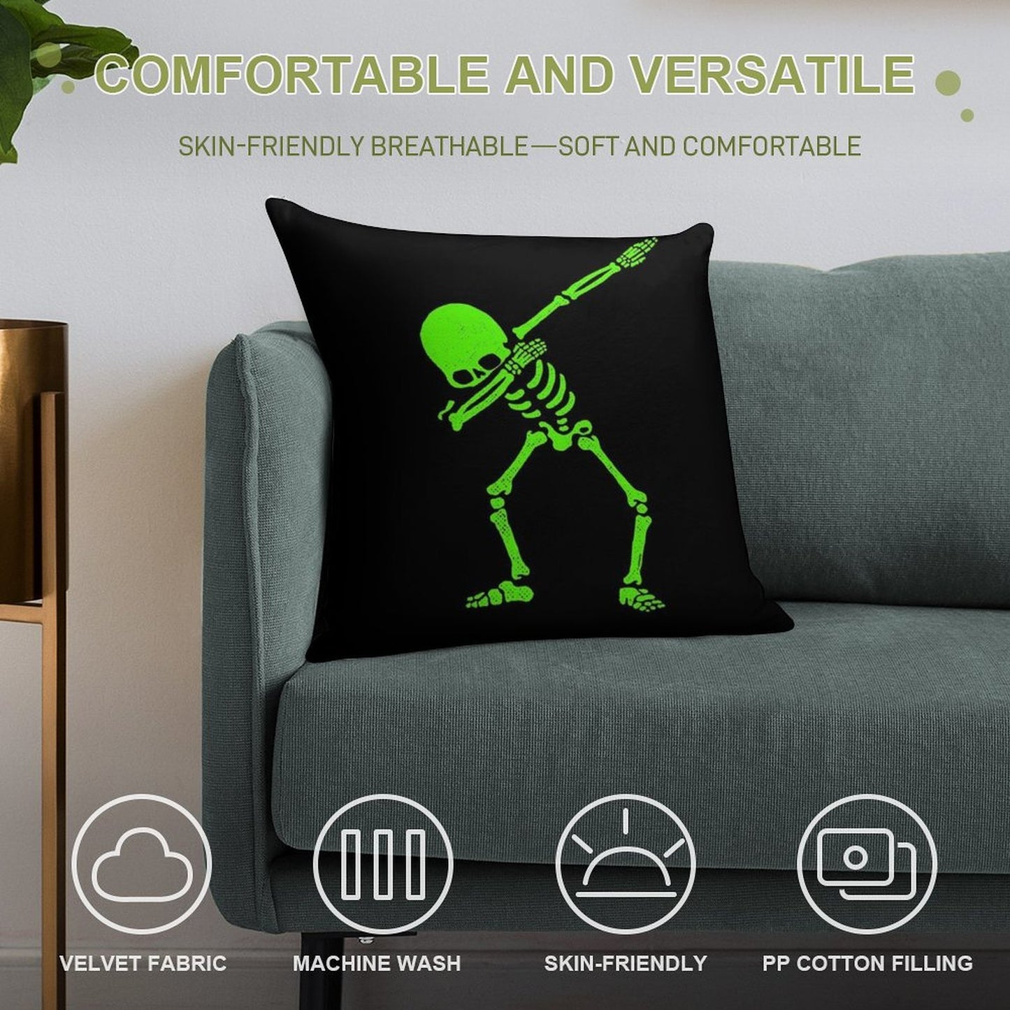Dabbing Skeleton Green Soft Anti-Pilling Throw Pillow