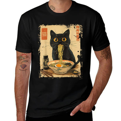 Dirhame Funny Japanese Cat Ramen Anime Kawaii Cat Eating Ramen Noodles, Unisex-Adults, Anime Fans, Girls, Young Females, Black,  Tagless Design T-Shirt