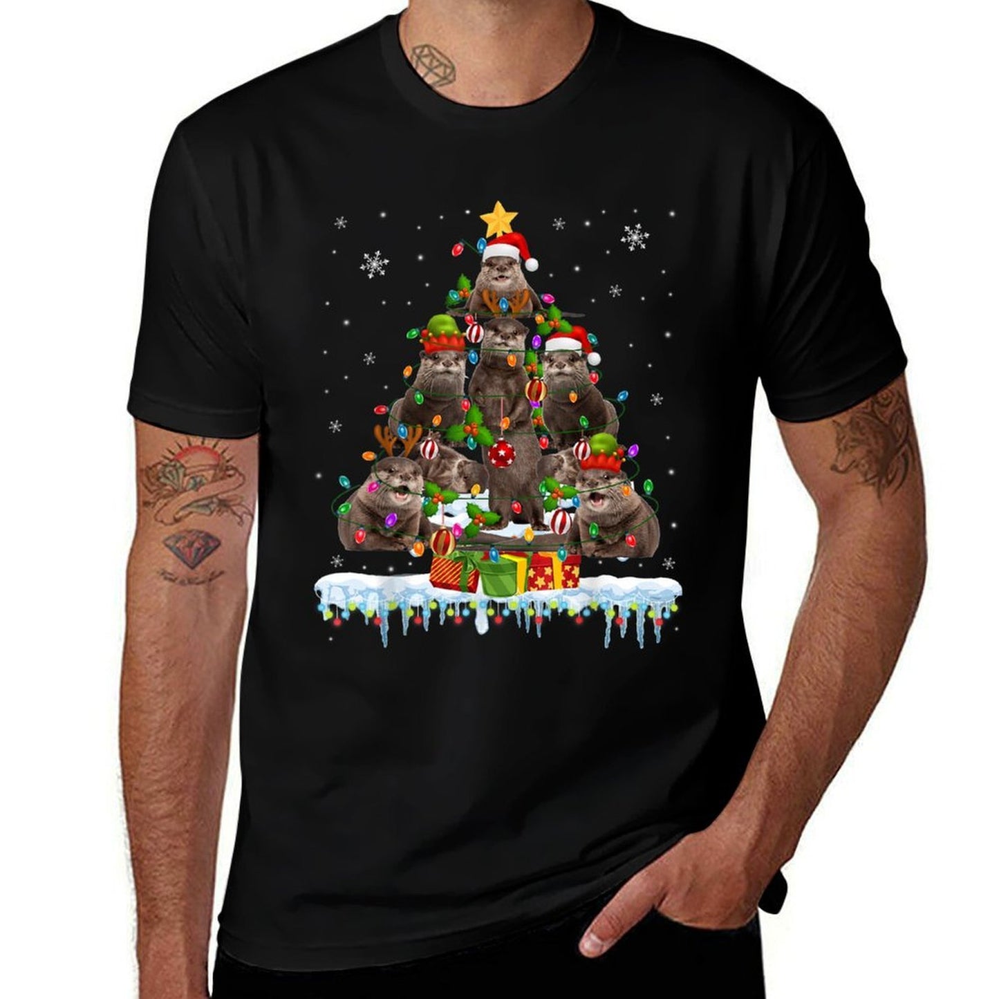 Santa ELF Reindeer Otter Christmas Tree Christmas Lights  Vintage-inspired T-Shirt