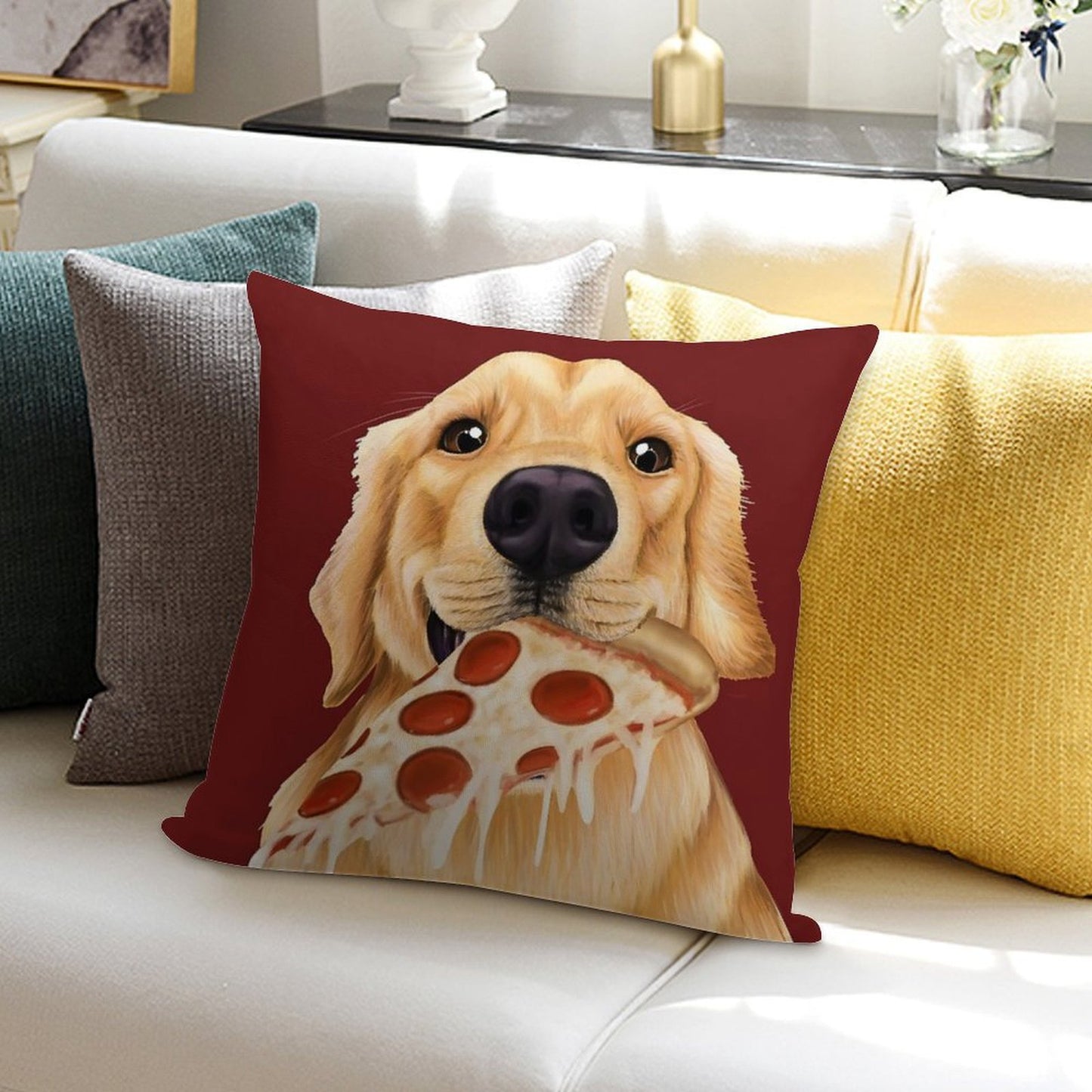 Golden Retriever Eating Pizza - Dog with A Slice of Pizza Soft Shrink-Resistant Throw Pillow