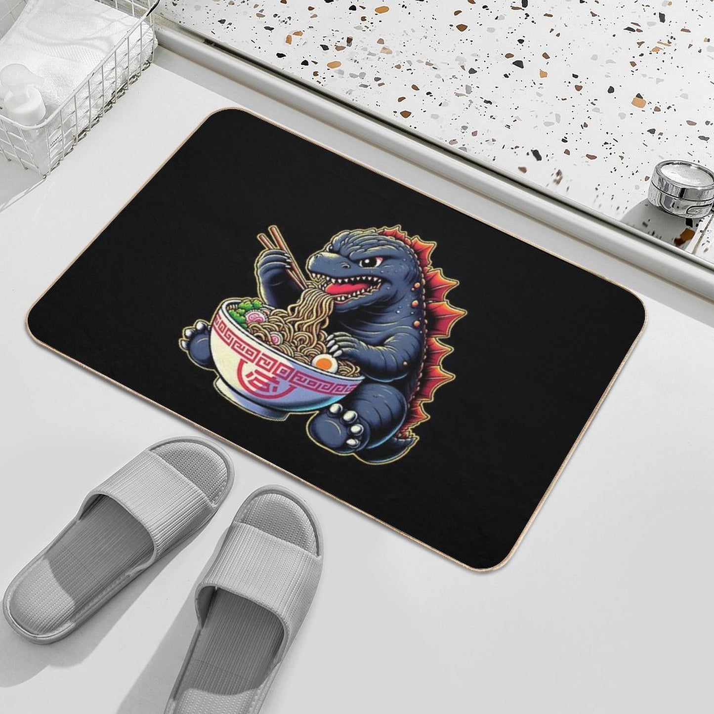 Cute Godzilla Eating Big Bowl Ramen Noodle  Eco-Friendly Bath Mat