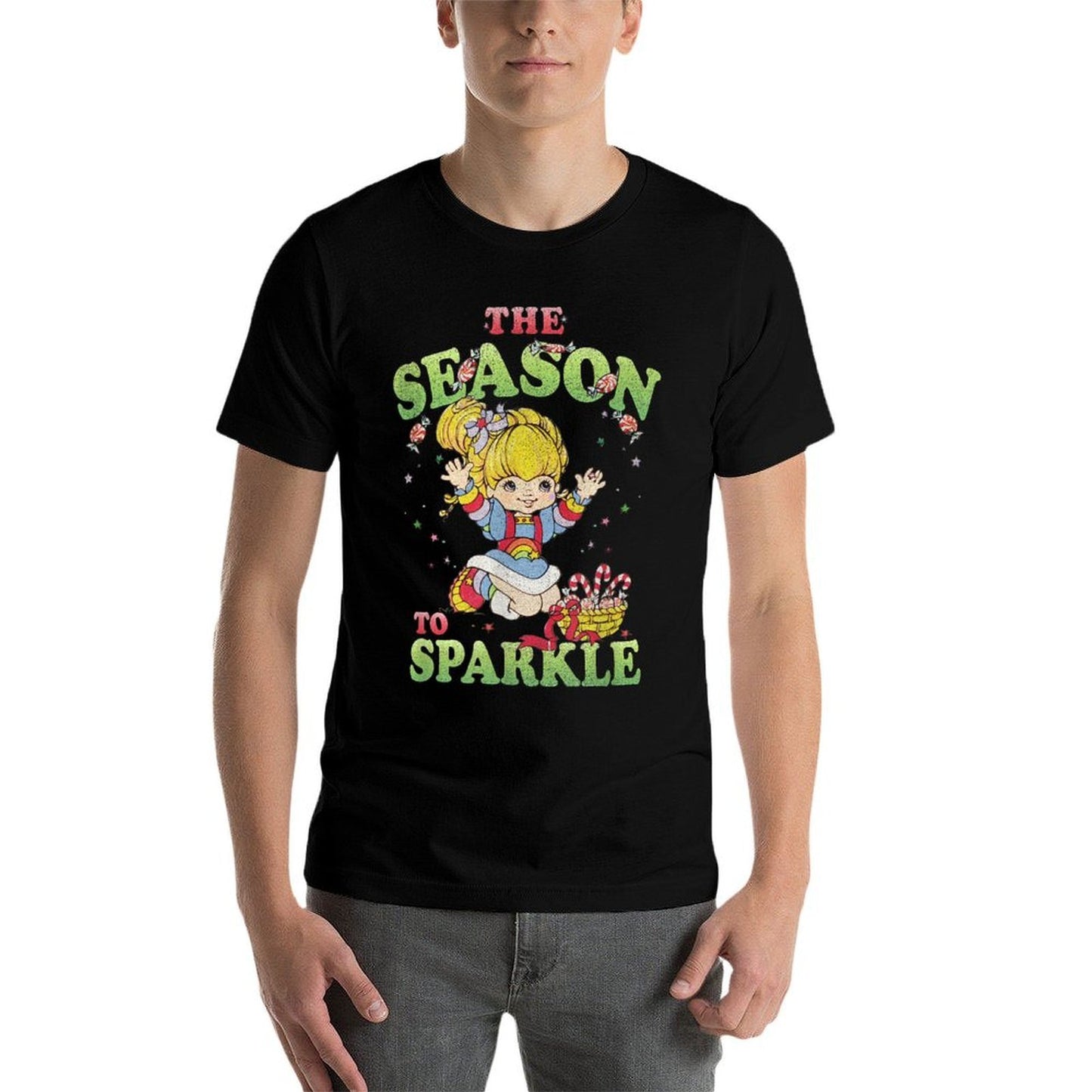 Rainbow Brite Christmas The Season To Sparkle Candy Portrait  Ribbed Collar T-Shirt
