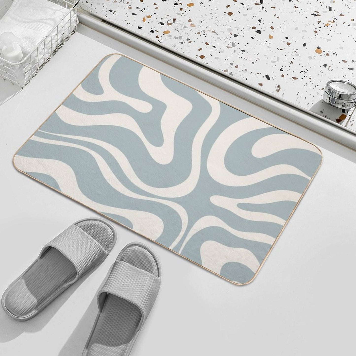 Liquid Swirl Abstract Pattern in Cream And Light Blue-Grey  Anti-Trip Bath Mat