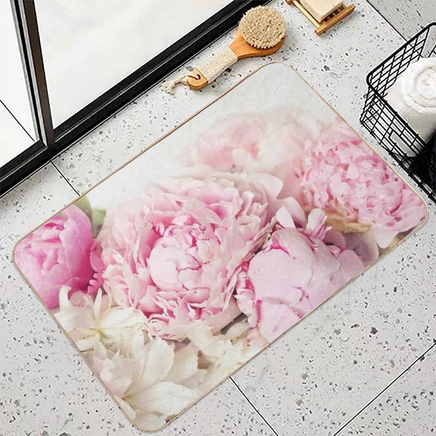Peonies on White Durable Bath Mat