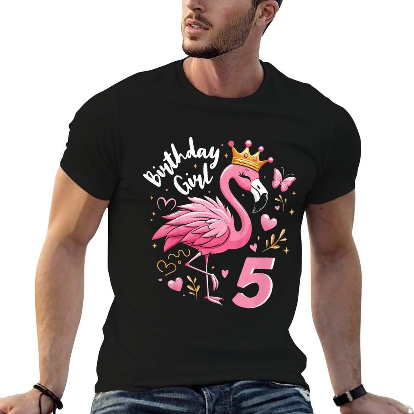 Kids 5th Birthday Gift Flamingo Fan 5 Year Old Girls 5th Bday  Oversized Silhouette T-Shirt