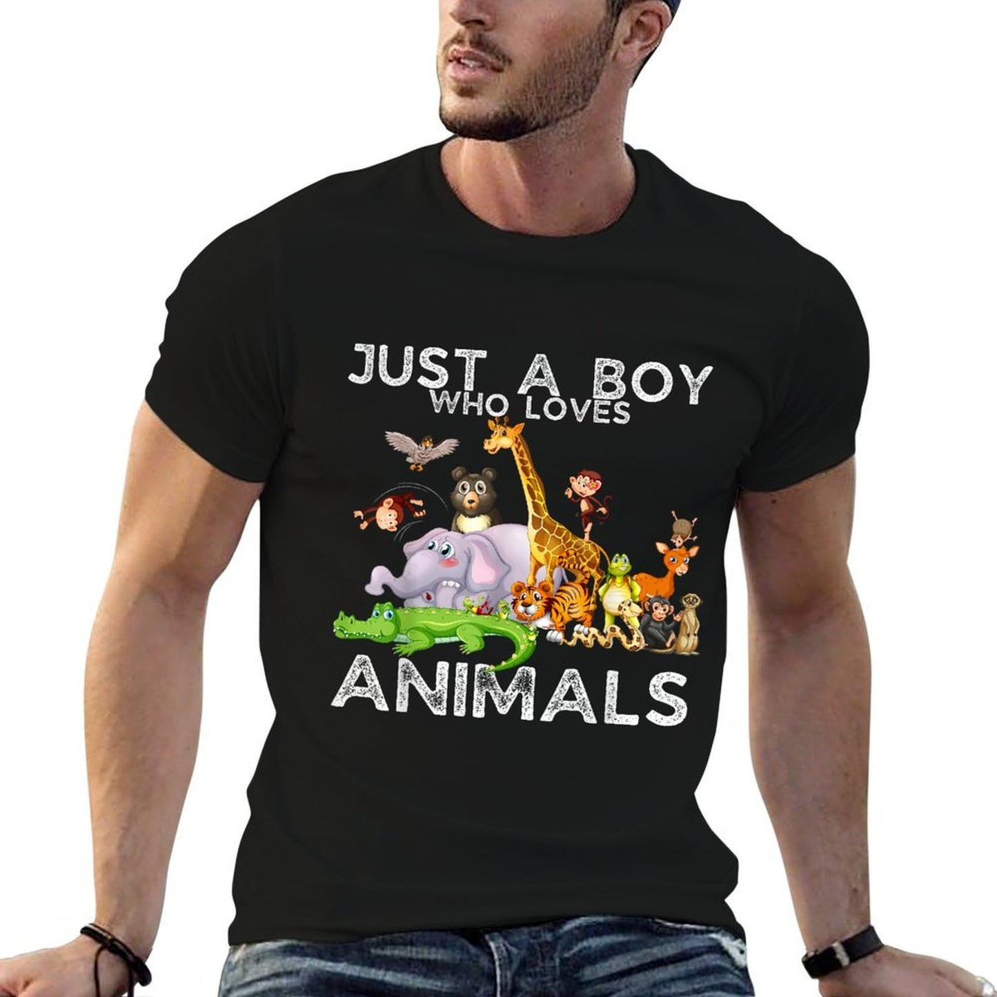 Just A Boy Who Loves Animals, Wild Cute Zoo Animals Boys  Slim-fit Cut T-Shirt