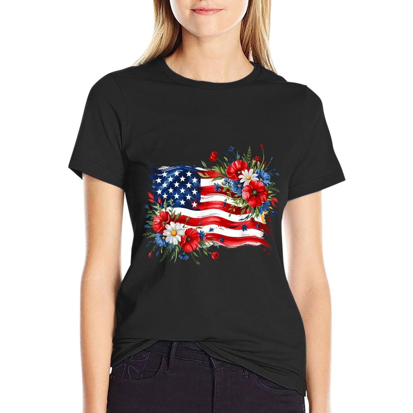 Floral American Daisy 4th July Women Girls Patriotic  Quick-drying T-Shirt