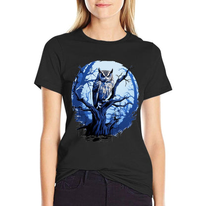 Twilight Blue Impressionist Owl on Skeletal Tree  High-quality Stitching T-Shirt