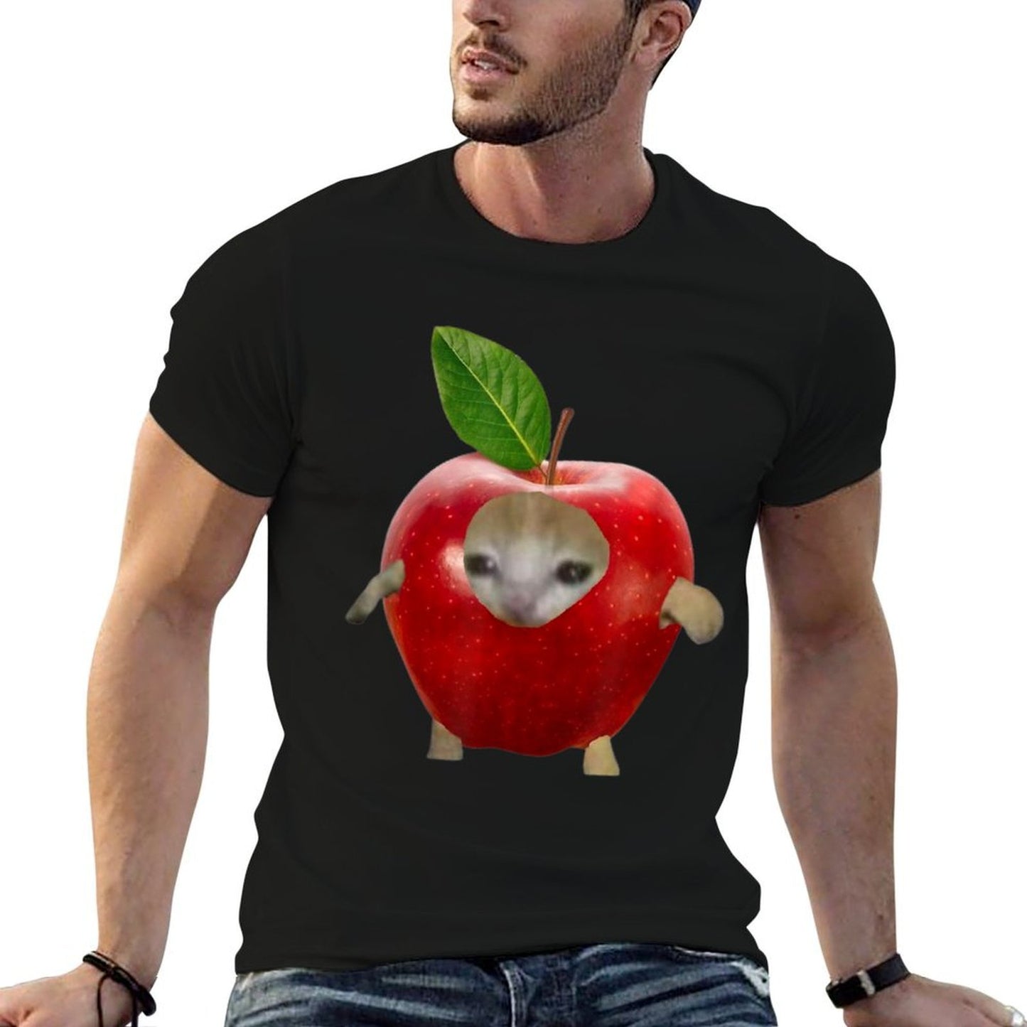 Gift For Friends Funny Crying Apple Cat Memes  Fade-proof Color T-Shirt