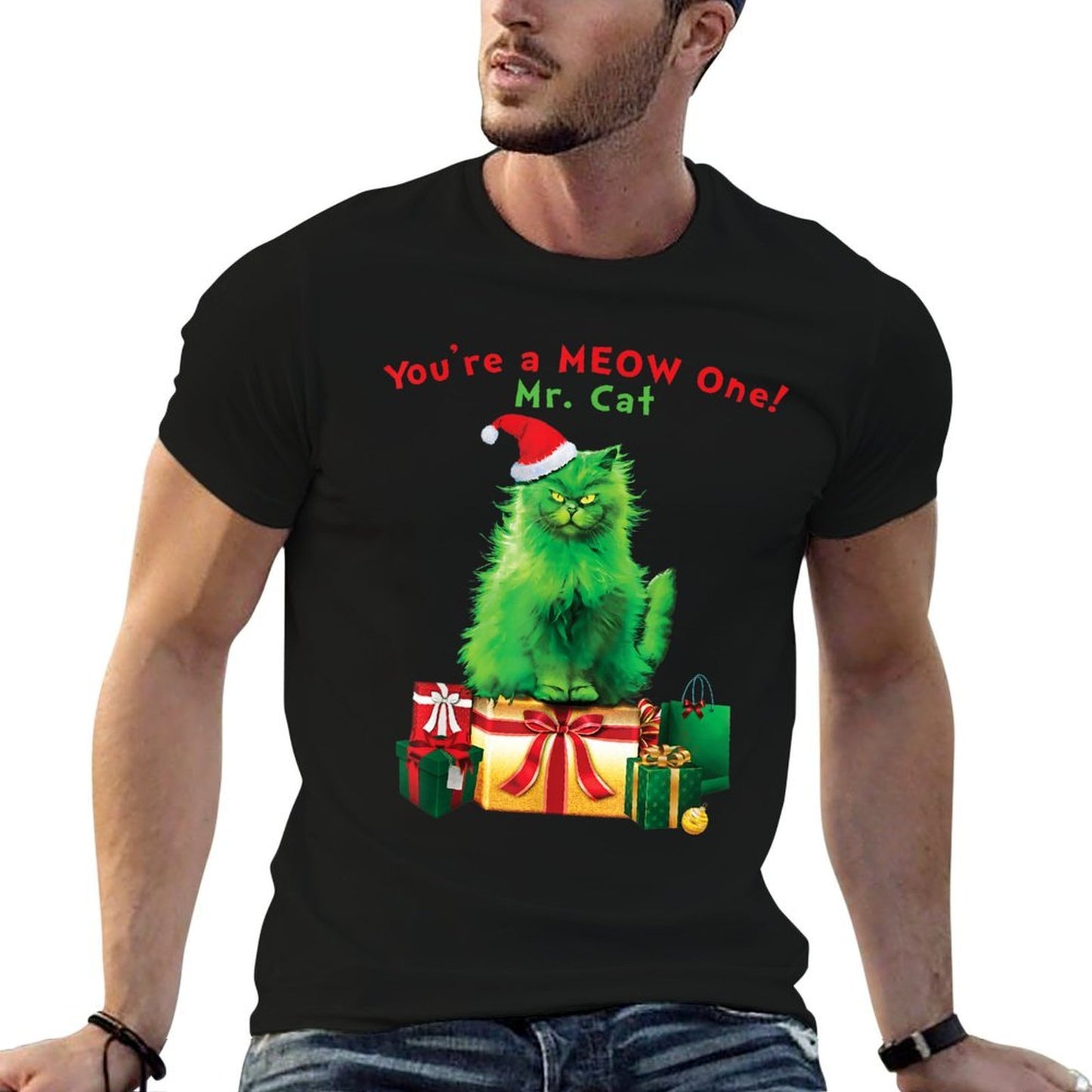 Youre A MEOW One Mr. Cat Christmas Holiday Funny  Ribbed Collar T-Shirt