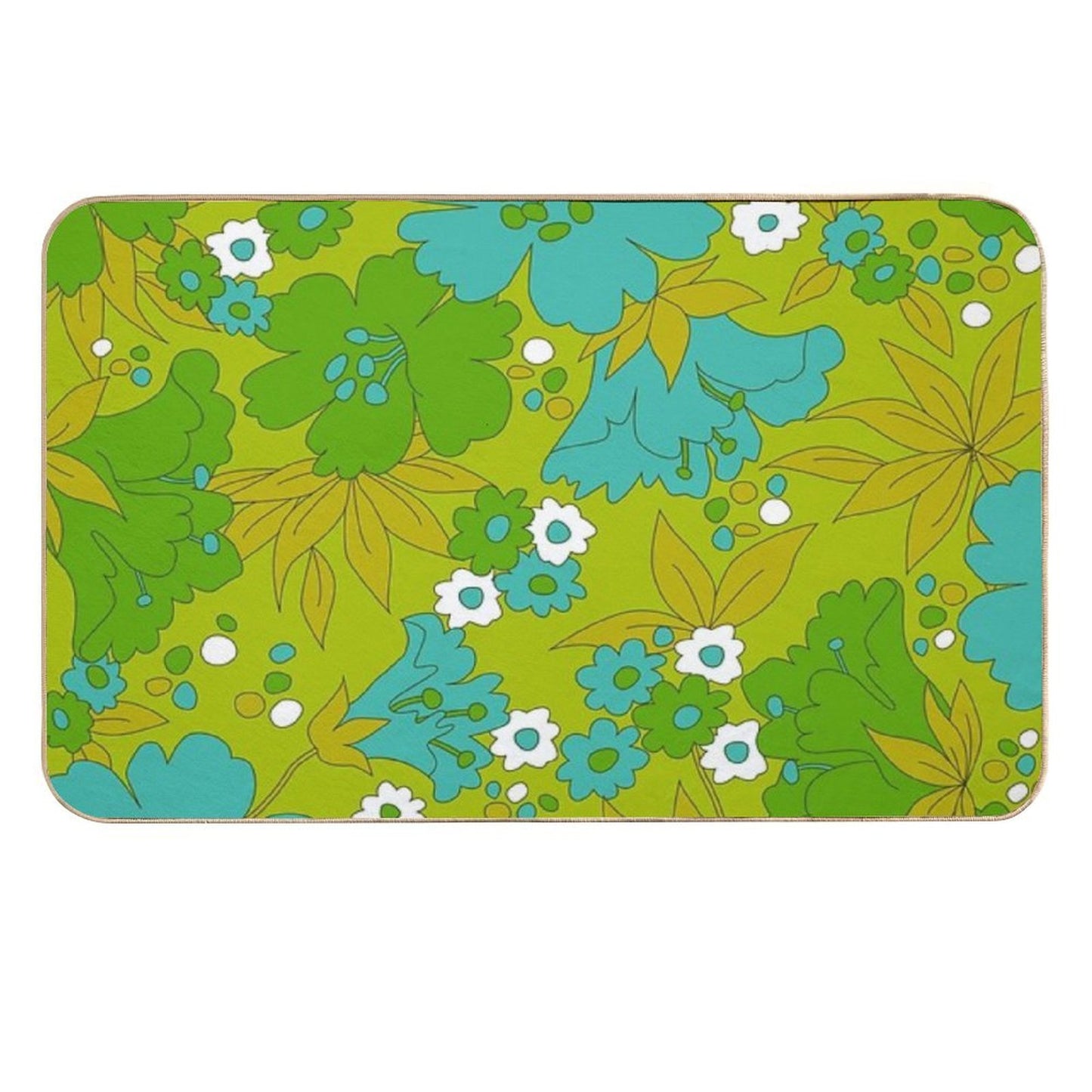 Green, Turquoise, And White Retro Flower Pattern  Multi-Purpose Bath Mat
