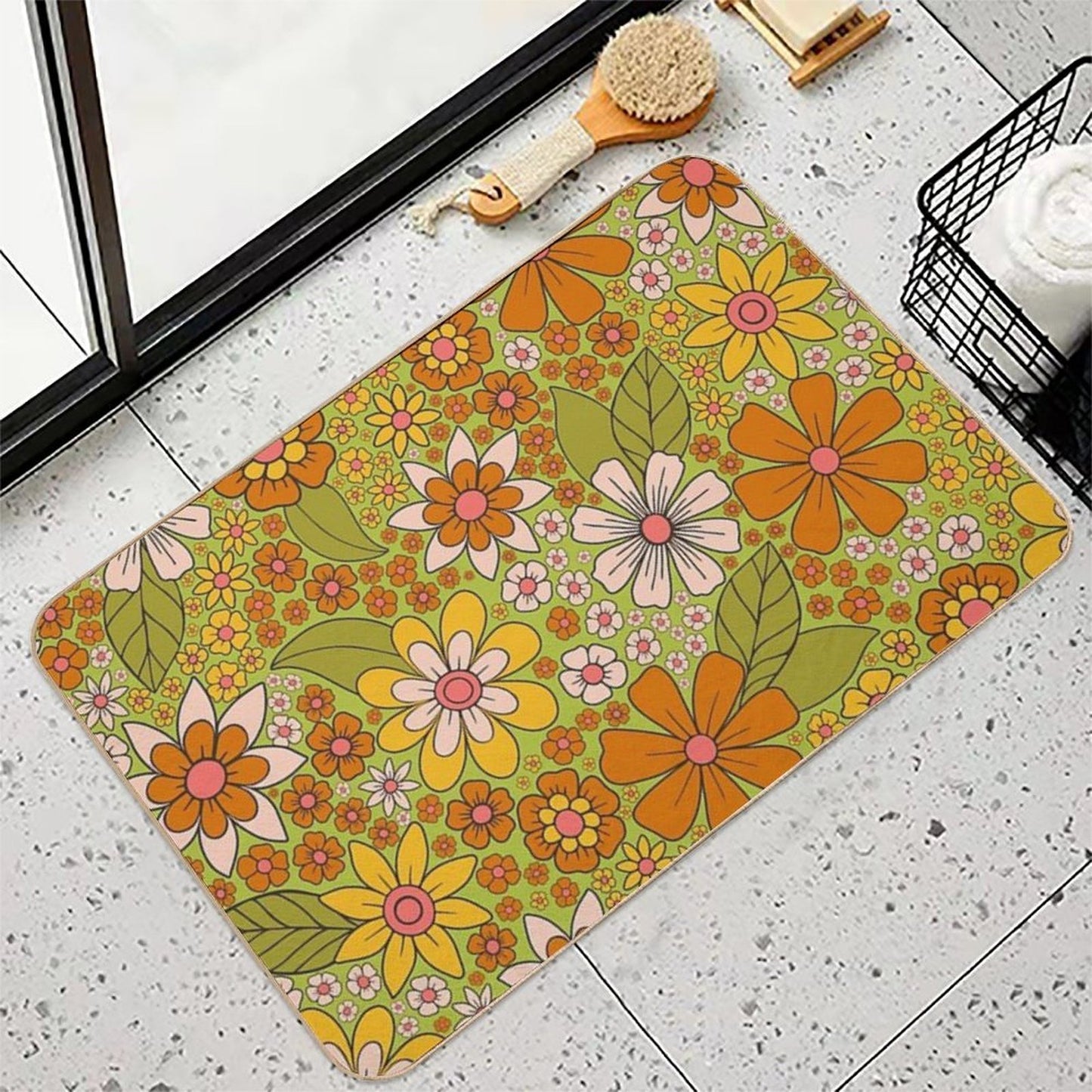 1960s, 1970s Retro Floral in Green, Pink & Orange - Flower Power  High-Traffic Bath Mat
