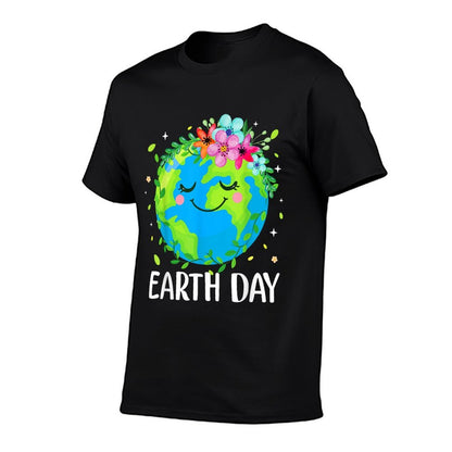 Happy Earth Day Cute Earth With Floral Earth Day 2025  Fade-proof Color T-Shirt
