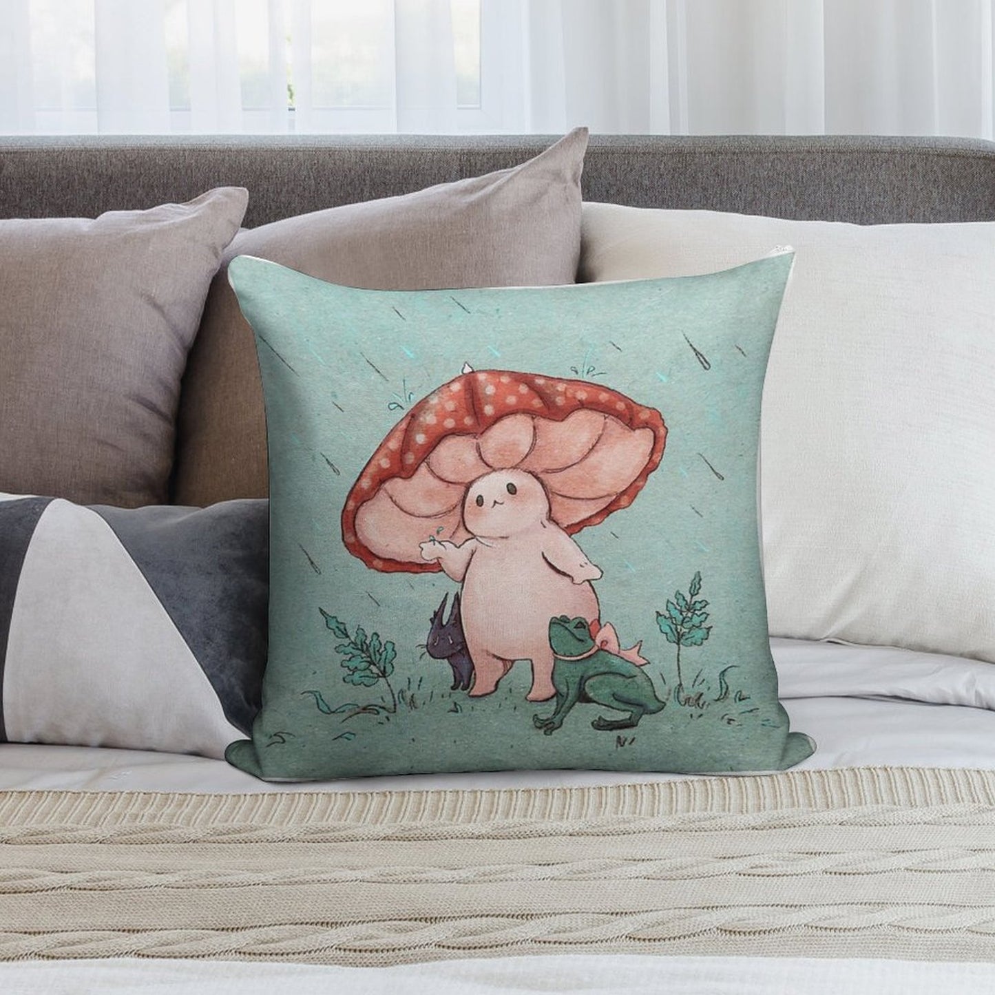 Mushroom Umbrella on A Rainy Day Soft Easy Maintenance Throw Pillow