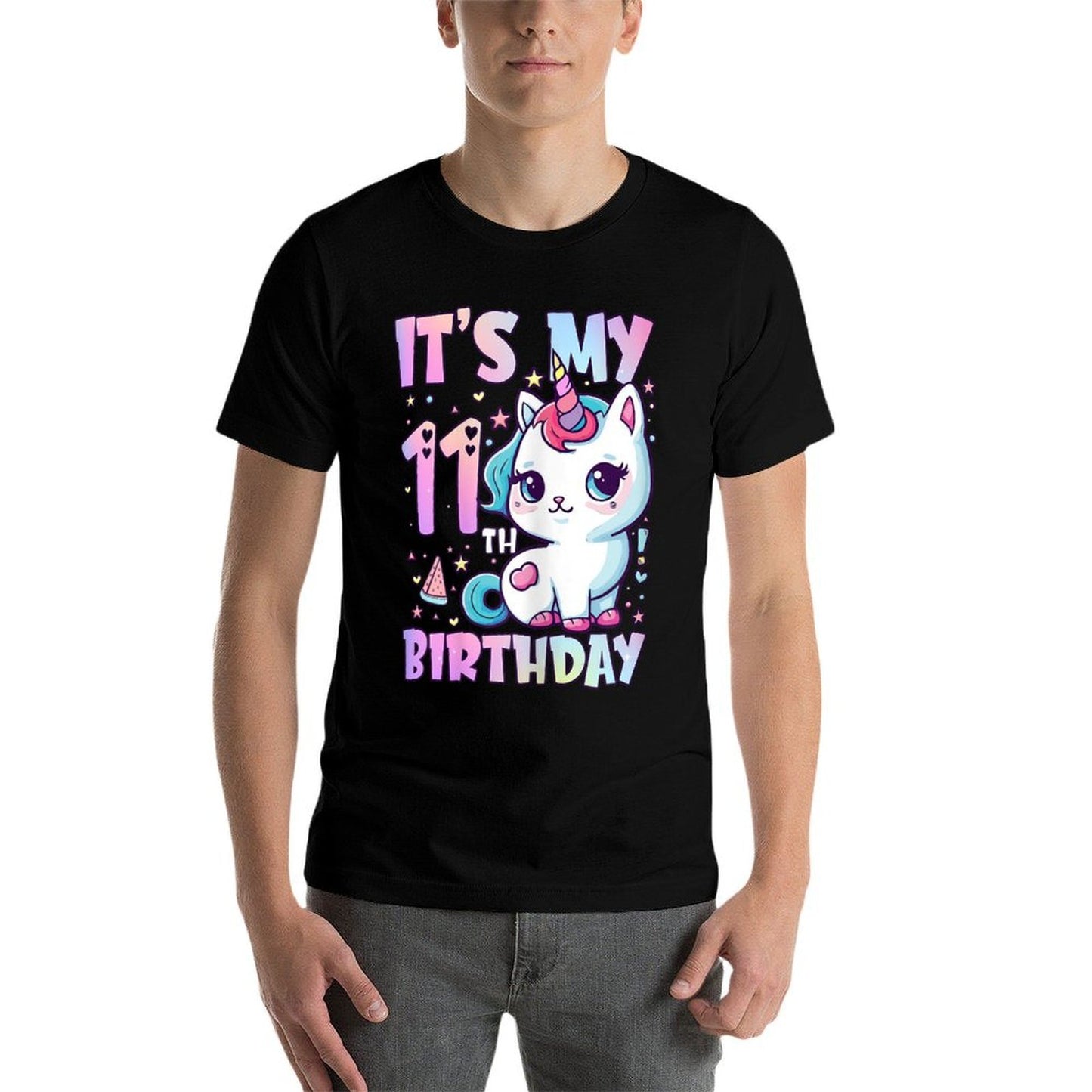 11th Birthday Girls 11 Year Old Cat Unicorn Birthday  Rolled Sleeves T-Shirt