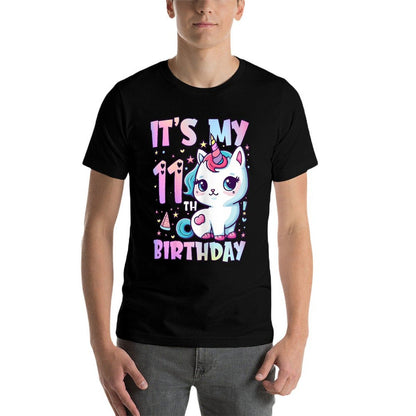 11th Birthday Girls 11 Year Old Cat Unicorn Birthday  Rolled Sleeves T-Shirt